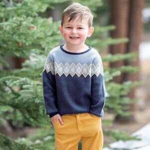 NEW RUFFLEBUTTS boy's antique fair isle knit crew neck sweater in blue
